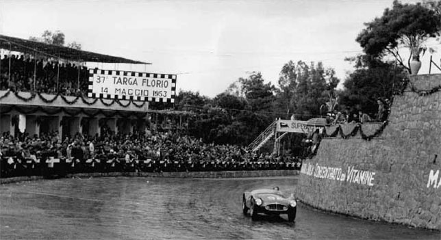 Эмилио Джилетти за рулём Maserati на трассе Targa Florio, 1953 год